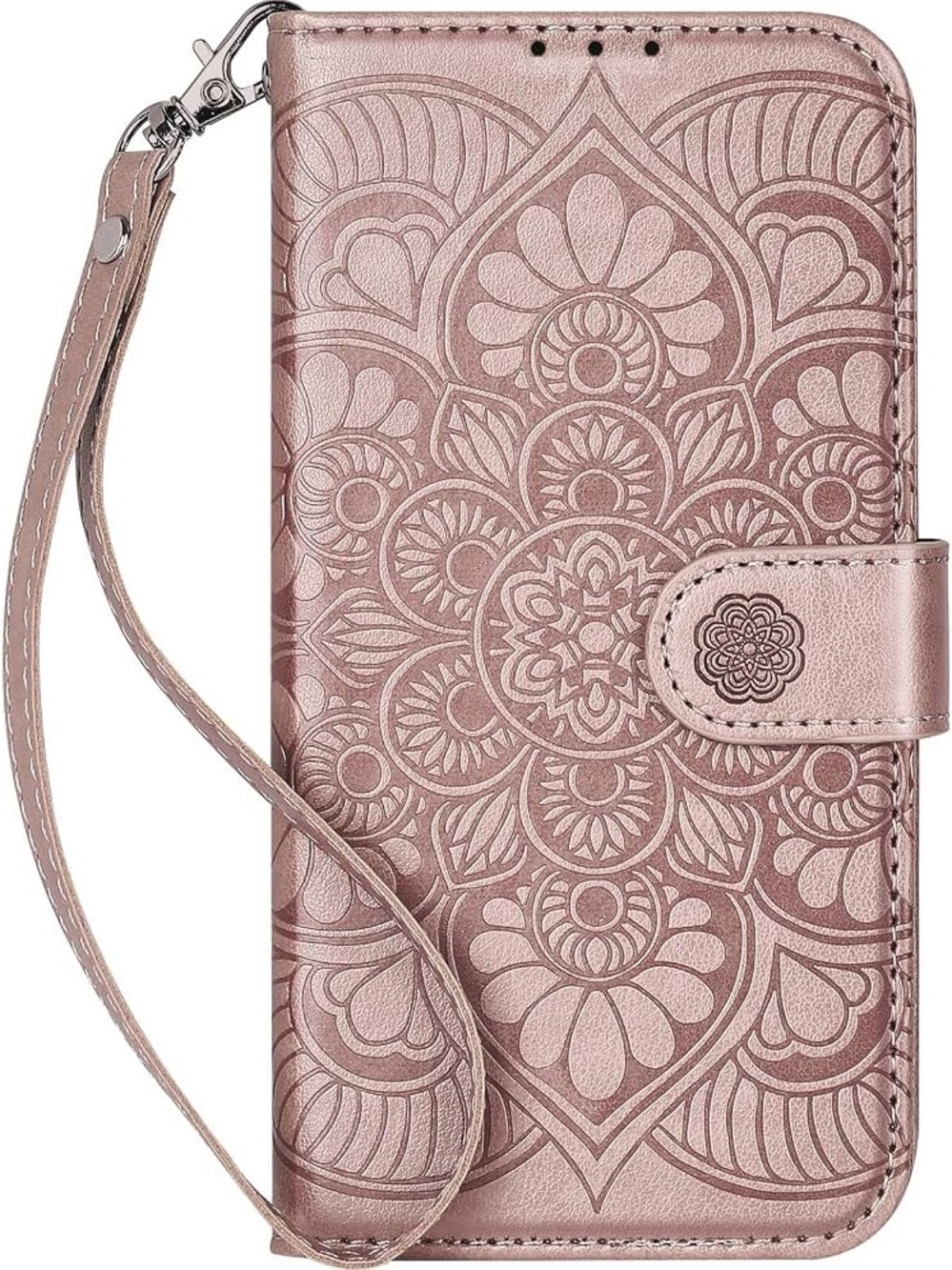Floral Mandala Rose Gold Wallet Phone Case with Wristlet